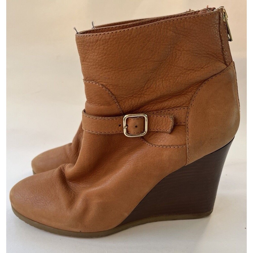J.Crew Cognac Leather Wedge Ankle Boots Back Zip Buckle Booties Women’s Sz 9?